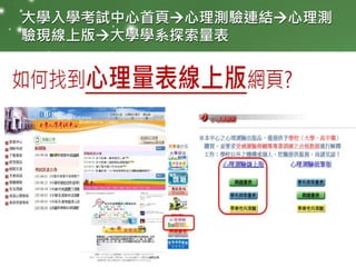 www.1ppt.com
大學入學考試中心首頁心理測驗連結心理測
驗現線上版大學學系探索量表
 