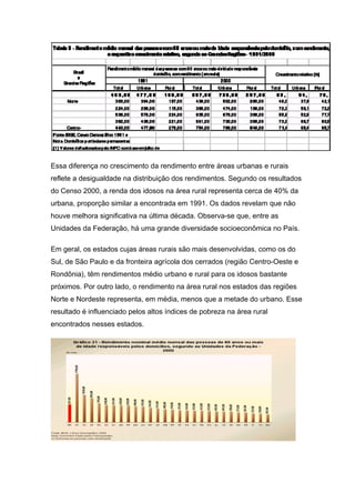 Essa diferença no crescimento da rendimento entre áreas urbanas e rurais
reflete a desigualdade na distribuição dos rendimentos. Segundo os resultados
do Censo 2000, a renda dos idosos na área rural representa cerca de 40% da
urbana, proporção similar a encontrada em 1991. Os dados revelam que não
houve melhora significativa na última década. Observa-se que, entre as
Unidades da Federação, há uma grande diversidade socioeconômica no País.

Em geral, os estados cujas áreas rurais são mais desenvolvidas, como os do
Sul, de São Paulo e da fronteira agrícola dos cerrados (região Centro-Oeste e
Rondônia), têm rendimentos médio urbano e rural para os idosos bastante
próximos. Por outro lado, o rendimento na área rural nos estados das regiões
Norte e Nordeste representa, em média, menos que a metade do urbano. Esse
resultado é influenciado pelos altos índices de pobreza na área rural
encontrados nesses estados.
 
