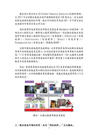 2
據全球行業分析公司（Global Industry Analysts）的最新預測，
至 2017 年全球數位看板系統市場規模將達到 138 億美元，亞太地區
則將成為增長最快的市場，複合年均增長率高達 22%，不可諱言地已
成為國內外業者兵家必爭之地。
過往臺灣資訊產業的思考模式是製造業 Hardware 的硬思維，到
現在加入軟性元素，轉變為心應用 HEARTware。因此數位看板在垂直
應用市場主要投入領域有 Hospital（智慧醫療）、Exhibition（智慧
展 館 ）、 Architecture （ 智 慧 建 築 ）、 Retail （ 智 慧 零 售 ）、
Transportation（智慧交通），簡稱為 HEART。
近幾年數位看板應用迅速興起，以商業應用為導向的數位看板產
業每年的佈建速度更是驚人，如同我們看到在國泰世華等銀行金融領
域、7-11 等零售連鎖店鋪、馬偕醫院等醫療院所、101 大樓等大型購
物中心及臺北小巨蛋等重要地段外牆等，都設置了大量的數位看板帶
動更多的商業服務模式。
因此，臺灣業者應有效地運用過往在 ICT 產業累積的厚實基礎，
共同發展數位看板產業以朝向高附加價值的方向努力，透過軟硬整合
的創新應用，以活絡總體產業的價值鏈，為數位看板產業帶來 1+1>2
的加乘效益。
圖說：主題式服務帶動產業發展
三、數位看板市場的前景：走向「開放創新」、「文化韻涵」
 