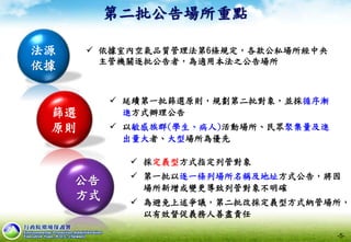 第二批公告場所重點
法源
依據
 依據室內空氣品質管理法第6條規定，各款公私場所經中央
主管機關逐批公告者，為適用本法之公告場所
公告
方式
 採定義型方式指定列管對象
 第一批以逐一條列場所名稱及地址方式公告，將因
場所新增或變更導致列管對象不明確
 為避免上述爭議，第二批改採定義型方式納管場所，
以有效督促義務人善盡責任
篩選
原則
 延續第一批篩選原則，規劃第二批對象，並採循序漸
進方式辦理公告
 以敏感族群(學生、病人)活動場所、民眾聚集量及進
出量大者、大型場所為優先
-5-
 