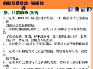 5
前瞻基礎建設前瞻基礎建設 -- 城 建鄉城 建鄉
設設
參、目體績效參、目體績效 (2/2)(2/2)
5 、完成 2,000 個 C 級長照據點整備， 315 處部落文化健康站
，建
設健康長照服務據點。
6 、推動校園功能的社區化，完成 2750 所中小學校修繕整建，
除
了提供運動、休閒、停車設施外，還可提供社區共學、公共
資訊站、幼兒園、健康老人的照顧。
7 、開發建設 20 處地方型產業園區，促進地方經濟及提供就業
。
8 、完成 230 個地方文化設施的整備，豐富地方的生活，並促
進
觀光發展。
9 、完成 400 公里自行車道新闢及改善、 200 公里客家自然步
道串
 