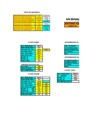PROFUNDIDADE DA SAPATA 
M 
2000.00 
PESO DA LAMA ORIGINAL 
LB/GAL 
9.50 
PESO EQUIVALENTE MÁXIMO 
MÁXIMO 
LB/GAL 
11.00 
PRESSÃO MÁXIMA BOMBEIO 
PSI 
510.00 
PRESSÃO ESTABILIZADA 
PSI 
789.00 
ANTONIO ASSIS 
PRESSÃO DE ABSORÇÃO 
PSI 
4019.00 
QUIMICO MI 
GRADIENTE DE ABSORÇÃO 
PSI/M 
2.01 
PESO EQ. DE ABSORÇÃO 
LB/GAL 
11.82 
FLUIDO CAMAI 
DETERMINAÇÃO K+ 
VOL. DESEJADO 
540.0 
VOL. FILTRADO 
PESO DESEJADO 
9.1 
V. FILTRADO QAS 
VOLUME SOL. KCL 
124.2 
155.1 
ION POTASSIO (K+) 
VOLUME CADIT 
142.7 
CL- DO KCL 
VOL. AGUA MAR 
273.1 
KCL 
SAFE SCAV NA 
0.6 
MI WET 70 
5.2 
DETERMINAÇÃO NACL 
MI BAC 40 
2.7 
PESO CADIT 
9.8 
V. GASTO AGNO³ 
CLORETO TOTAL 
PREPARO SOLUÇÃO KCL 
CL- NACL 
KCL TIPO I 
155 
NACL 
AGUA DO MAR 
541 
VOL FABRICADO 
550 
FLUIDO CAINJ 
FLUIDO CASAM 
VOL. DESEJADO 
6000.0 
CL. AMONIO 
5.3 
VOL. DESEJADO 
560.0 
MI WET 70 
48.0 
PESO DESEJADO 
9.2 
MI BAC 40 
10.0 
VOLUME SOL. KCL 
112.0 
VOLUME DE ÁGUA 
VOLUME CADIT 
202.5 
0.0 
VOL. AGUA MAR 
245.5 
0.0 
SAFE SCAV NA BB 
0.7 
0.0 
MI WET 70 BB 
5.4 
0.0 
MI BAC 40 BD 
2.8 
0.0 
SAFE COR C PLUS 
11.2 
0.0 
PESO DO CADIT 
9.9 
9.9 
TESTE DE ABSORÇÃO  