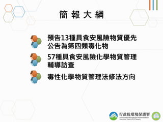 毒性化學物質管理法修法方向
預告13種具食安風險物質優先
公告為第四類毒化物
57種具食安風險化學物質管理
輔導訪查
 