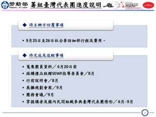 12
• 9月25日至26日社企參訪細部行程及費用。
◆ 待主辦方回覆事項
• 蒐集團員資料／ 6月20日前
• 採購禮品致贈SEWF指導委員會／8月
• 行前說明會／8月
• 展攤規劃會商／9月
• 團務會議／9月
• 掌握講者及國內民間組織參與臺灣代表團情形／ 6月- 9月
◆ 待完成及追蹤事項
籌組臺灣代表團進度說明
 