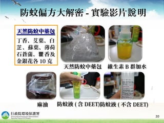 20
防蚊偏方大解密 - 實驗影片 明說
麻油麻油
天然防蚊中藥包天然防蚊中藥包 維生素維生素 BB 群加水群加水
防蚊液防蚊液 (( 不含不含 DEET)DEET)防蚊液防蚊液 (( 含含 DEET)DEET)
天然防蚊中藥包天然防蚊中藥包
丁香、艾葉、白
、蘇葉、薄荷芷
石蒼蒲、 香及藿
金銀花各 10 克
 