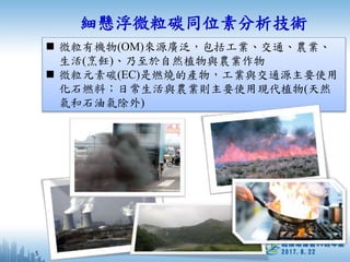  微粒有機物(OM)來源廣泛，包括工業、交通、農業、
生活(烹飪)、乃至於自然植物與農業作物
 微粒元素碳(EC)是燃燒的產物，工業與交通源主要使用
化石燃料；日常生活與農業則主要使用現代植物(天然
氣和石油氣除外)
細懸浮微粒碳同位素分析技術
5
 