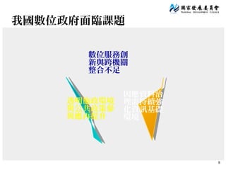 8
我國數位政府面臨課題
數位服務創
新與跨機關
整合不足
因應資料治
理需持續強
化資訊基礎
環境
透明施政環境
與公共政策參
與應再提升
 