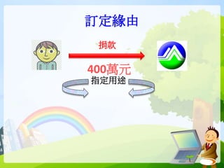 訂定緣由
400萬元
捐款
指定用途
 