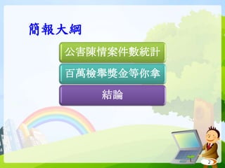 簡報大綱
2
公害陳情案件數統計
百萬檢舉獎金等你拿
結論
 