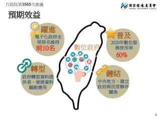 行政院第3565次會議
預期效益
躍進
前10名
電子化政府全
球排名維持
普及
2020年數位服
務使用率
60%
轉型
政府轉型資料提
供者，發展資料
驅動應用
鏈結
中央地方，建立
政府與民眾夥伴
關係
數位政府
6
 