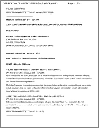 COURSE DESCRIPTION
(ARMY TRAINING HISTORY COURSE: MWMWCGA06ITENUS)
MILITARY TRAINING:OCT 2010 - SEP 2011
ARMY COURSE: MWMWCGA07ITENUS, MONITORING, BACKING UP, AND RESTORING WINDOWS
LENGTH: 1 Day.
COURSE DESCRIPTION FROM SERVICE COURSE FILE:
(Description dates APR 2010 - JUL 2015)
COURSE DESCRIPTION
(ARMY TRAINING HISTORY COURSE: MWMWCGA07ITENUS)
MILITARY TRAINING:MAY 2010 - OCT 2010
ARMY COURSE: 531-25B10, Information Technology Specialist
LENGTH: 20 weeks (794 hours)
COURSE DESCRIPTION FROM AMERICAN COUNCIL ON EDUCATION:
(AR-1402-0168, Exhibit dates JUL 2008 - SEP 2011)
Upon completion of the course, the student will be able to review security laws and regulations; administer networks;
install and configure server software; perform routing commands; review the OSI model; perform system administration;
and perform troubleshooting and repair.
Methods of instruction include classroom exercises, discussion, lecture, and practical exercises. General course topics
include troubleshooting and repair, configuration of server software, system administration, network administration,
security laws and regulations, and OSI model.
CREDIT RECOMMENDATION FROM AMERICAN COUNCIL ON EDUCATION
(AR-1402-0168, Exhibit dates JUL 2008 - SEP 2011)
In the lower-division baccalaureate/associate degree category, 3 semester hours in A+ certification, 3 in Net+
certification, 3 in server administration, 3 in system administration, 3 in Security+, and 3 in PC troubleshooting and
repair (7/13)(7/13).
(ARMY TRAINING HISTORY COURSE: 53125B10)
_____________________________
_____________________________
_____________________________
VERIFICATION OF MILITARY EXPERIENCE AND TRAINING Page 33 of 38
 