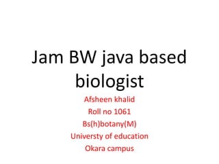 Jam BW java based 
biologist 
Afsheen khalid 
Roll no 1061 
Bs(h)botany(M) 
Universty of education 
Okara campus 
 