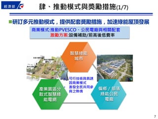 7
研訂多元推動模式，提供配套獎勵措施，加速綠能屋頂發展
肆、推動模式與獎勵措施(1/7)
商業模式:推動PVESCO、公民電廠與相關配套
激勵方案:設備補助/前高後低費率
智慧綠能
城市
產業園區分
散式智慧綠
能電網
偏鄉／部落
綠能公民
電廠
• 可行技術與具誘
因商業模式
• 激發全民共同參
與之熱情
 