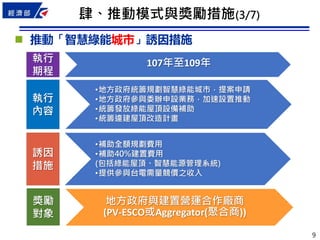 9
 推動「智慧綠能城市」誘因措施
107年至109年執行
期程
執行
內容
•地方政府統籌規劃智慧綠能城市，提案申請
•地方政府參與委辦申設業務，加速設置推動
•統籌發放綠能屋頂設備補助
•統籌違建屋頂改造計畫
誘因
措施
獎勵
對象
地方政府與建置營運合作廠商
(PV-ESCO或Aggregator(聚合商))
•補助全額規劃費用
•補助40%建置費用
(包括綠能屋頂、智慧能源管理系統)
•提供參與台電需量競價之收入
肆、推動模式與獎勵措施(3/7)
 