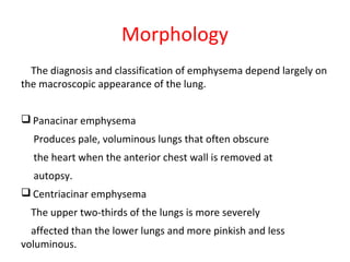 Morphology
The diagnosis and classification of emphysema depend largely on
the macroscopic appearance of the lung.
 Panacinar emphysema
Produces pale, voluminous lungs that often obscure
the heart when the anterior chest wall is removed at
autopsy.
 Centriacinar emphysema
The upper two-thirds of the lungs is more severely
affected than the lower lungs and more pinkish and less
voluminous.
 
