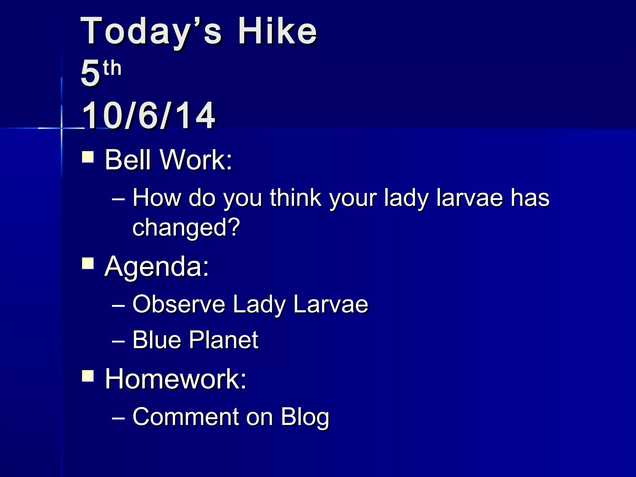 TTooddaayy’’ss HHiikkee 
55tthh 
1100//66//1144 
 BBeellll WWoorrkk:: 
– HHooww ddoo yyoouu tthhiinnkk yyoouurr llaaddyy llaarrvvaaee hhaass 
cchhaannggeedd?? 
 AAggeennddaa:: 
– OObbsseerrvvee LLaaddyy LLaarrvvaaee 
– BBlluuee PPllaanneett 
 HHoommeewwoorrkk:: 
– CCoommmmeenntt oonn BBlloogg 
 