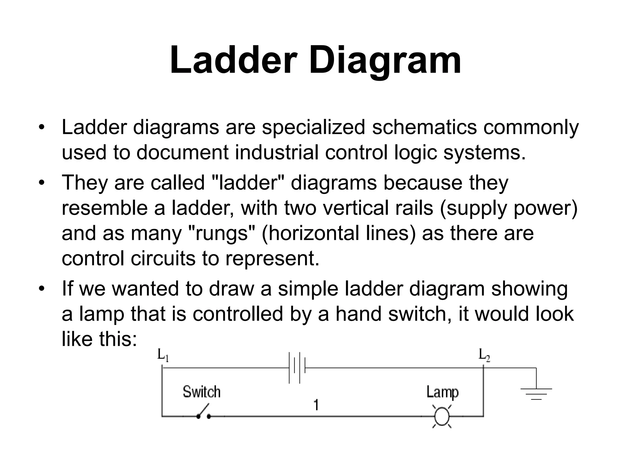 Ladder Diagram
• Ladder diagrams are specialized schematics commonly
used to document industrial control logic systems.
• They are called "ladder" diagrams because they
resemble a ladder, with two vertical rails (supply power)
and as many "rungs" (horizontal lines) as there are
control circuits to represent.
• If we wanted to draw a simple ladder diagram showing
a lamp that is controlled by a hand switch, it would look
like this:
 