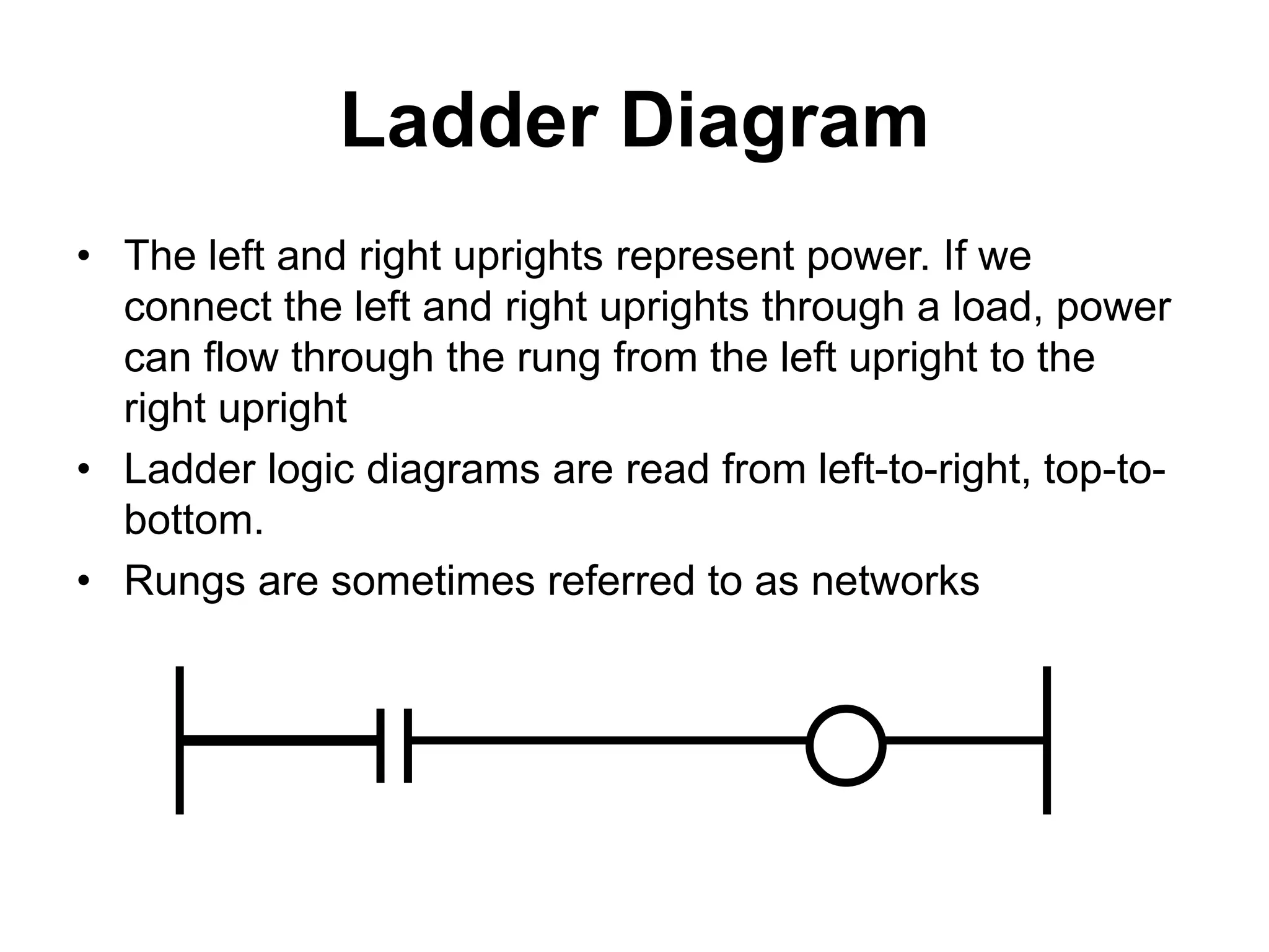 Ladder Diagram
• The left and right uprights represent power. If we
connect the left and right uprights through a load, power
can flow through the rung from the left upright to the
right upright
• Ladder logic diagrams are read from left-to-right, top-to-
bottom.
• Rungs are sometimes referred to as networks
 