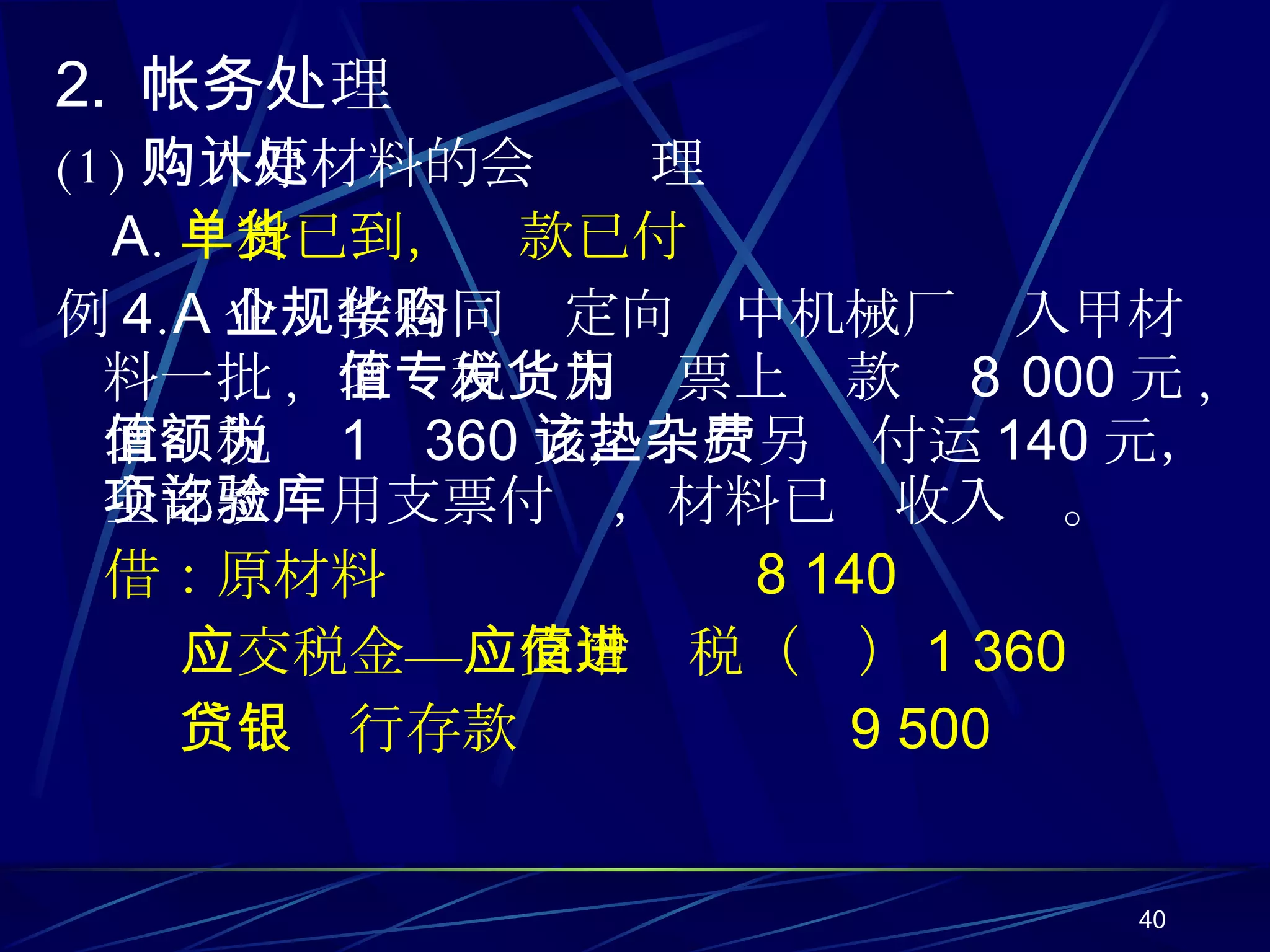 2.  帐务处理 (1) 购入原材料的会计处理 A . 单料已到，货款已付 例 4 . A 企业按合同规定向华中机械厂购入甲材料一批 ,  增值税专用发票上货款为 8 000 元 ,  增值税额为 1 360 元，该厂另垫付运杂费 140 元，全部款项用支票付讫，材料已验收入库。 借：原材料  8 140 应交税金—应交增值税（进） 1 360 贷：银行存款  9 500 