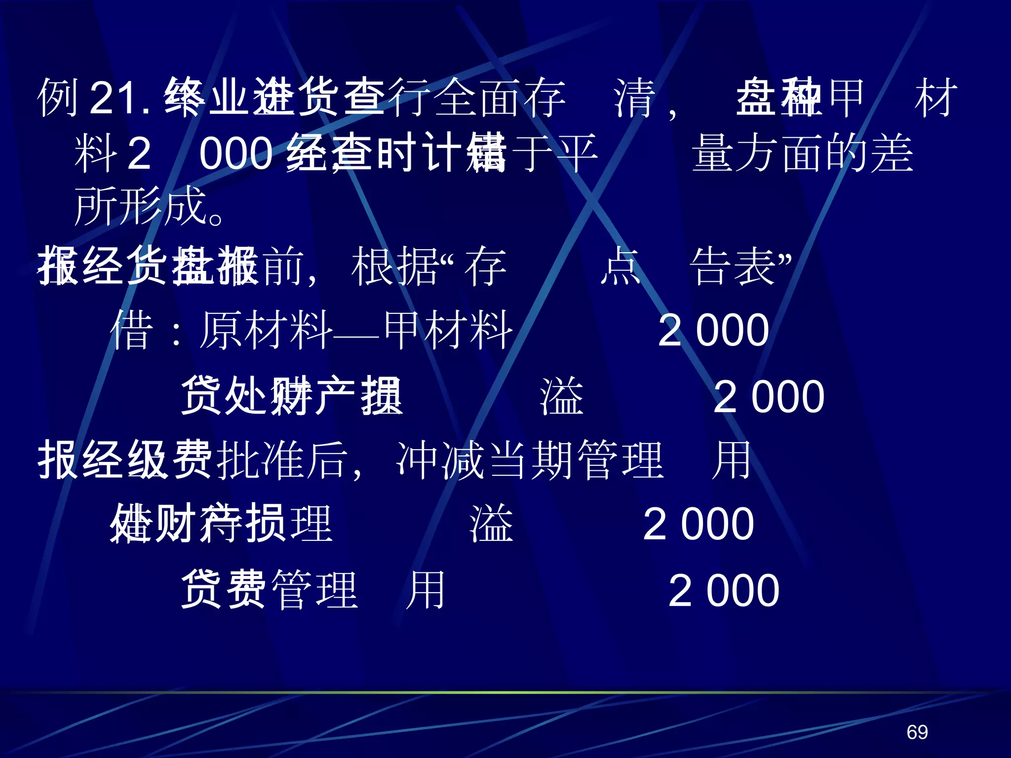 例 21. 年终企业进行全面存货清查 ,  盘盈甲种材料 2 000 元，经查属于平时计量方面的差错所形成。 在报经批准前，根据“存货盘点报告表” 借：原材料—甲材料  2 000 贷：待处理财产损溢  2 000 报经上级批准后，冲减当期管理费用 借：待处理财产损溢  2 000 贷：管理费用  2 000 