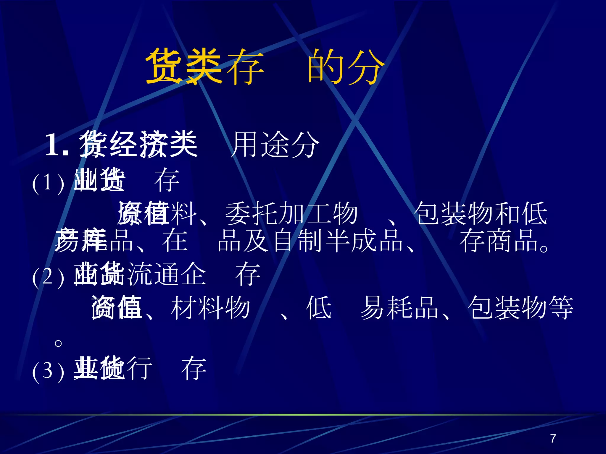 1. 存货按经济用途分类 (1) 制造业存货 原材料、委托加工物资、包装物和低值易耗品、在产品及自制半成品、库存商品。 (2) 商品流通企业存货 商品、材料物资、低值易耗品、包装物等。 (3) 其他行业存货 三、存货的分类 