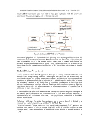 International Journal of Computer Science & Information Technology (IJCSIT) Vol 10, No 6, December 2018
7
functional IoT requirements takes place with by state-space exploration with BIP components
according to the specified mapping onto system’s component.
Figure 5. Architectural BIP-AOP for IoT Activities
The runtime properties IoT requirements take place by invoking the generated code on the
components and within IoT environment. All IoT constraints are pulled and weaved to/into the
core code modules. In AOP, for instance, abstract aspect used to impose constraints on the
matching of pointcuts and application of advice. Glue-Aspect components can be framed as the
abstractions directly representing the architecture of IoT event-based interactions as detailed
below.
4.2. Initial Context-Aware Aspects
Context primitives allow the IoT application developer to identify scattered and tangled over
multiple codes using existing standards, technologies, and protocols for encapsulating IoT
crosscutting concerns and leverage wherever possible [16]. BIP encourages the development of a
smaller set of defacto standards for IoT concerns (e.g., implement policy and practice to ensure
the monitoring concerns of IoT interactions of distributed components), an interaction is a
software implementation based on behaviour function(s) that transforms groups of data into
context data, and priority is a selection process, we select more sequence of execution flow of
advices out of many other advices.
In context-aware IoT applications, Definitions 1&2 identify the semantic properties for support of
the different type of information that allows applications to adapt their behaviour in response to
interaction in the IoT environment using AOP. These properties are encapsulated in the aspect-
oriented abstract layer.
Definition 1 ( ): An advice encapsulates a set of context data is defined by a
pointcut and a set of joinpoint ℎ ℎ ℎ ∀ ∈ : ⊆ .
Definition 2 ( ): An abstract aspectis a tuple , where is a
transition state consists of relevant context proprieties, which is possibly receiving the new
valuation of the holds the application of computation with the set possible properties in
!.
 