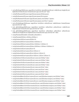 Ring Documentation, Release 1.5.2
• void glTexImage3D(GLenum target,GLint level,GLint internalFormat,GLsizei width,GLsizei height,GLsizei
depth,GLint border,GLenum format,GLenum type,const GLvoid * data)
• void glTexParameterf(GLenum target,GLenum pname,GLﬂoat param)
• void glTexParameteri(GLenum target,GLenum pname,GLint param)
• void glTexParameterfv(GLenum target,GLenum pname,const GLﬂoat * params)
• void glTexParameteriv(GLenum target,GLenum pname,const GLint * params)
• void glTexSubImage1D(GLenum target,GLint level,GLint xoffset,GLsizei width,GLenum format,GLenum
type,const GLvoid * data)
• void glTexSubImage2D(GLenum target,GLint level,GLint xoffset,GLint yoffset,GLsizei width,GLsizei
height,GLenum format,GLenum type,const GLvoid * data)
• void glTexSubImage3D(GLenum target,GLint level,GLint xoffset,GLint yoffset,GLint zoffset,GLsizei
width,GLsizei height,GLsizei depth,GLenum format,GLenum type,const GLvoid * data)
• void glTranslated(GLdouble x,GLdouble y,GLdouble z)
• void glTranslatef(GLﬂoat x,GLﬂoat y,GLﬂoat z)
• void glUniform1f(GLint location,GLﬂoat v0)
• void glUniform2f(GLint location,GLﬂoat v0,GLﬂoat v1)
• void glUniform3f(GLint location,GLﬂoat v0,GLﬂoat v1,GLﬂoat v2)
• void glUniform4f(GLint location,GLﬂoat v0,GLﬂoat v1,GLﬂoat v2,GLﬂoat v3)
• void glUniform1i(GLint location,GLint v0)
• void glUniform2i(GLint location,GLint v0,GLint v1)
• void glUniform3i(GLint location,GLint v0,GLint v1,GLint v2)
• void glUniform4i(GLint location,GLint v0,GLint v1,GLint v2,GLint v3)
• void glUniform1fv(GLint location,GLsizei count,const GLﬂoat *value)
• void glUniform2fv(GLint location,GLsizei count,const GLﬂoat *value)
• void glUniform3fv(GLint location,GLsizei count,const GLﬂoat *value)
• void glUniform4fv(GLint location,GLsizei count,const GLﬂoat *value)
• void glUniform1iv(GLint location,GLsizei count,const GLint *value)
• void glUniform2iv(GLint location,GLsizei count,const GLint *value)
• void glUniform3iv(GLint location,GLsizei count,const GLint *value)
• void glUniform4iv(GLint location,GLsizei count,const GLint *value)
• void glUniformMatrix2fv(GLint location,GLsizei count,GLboolean transpose,const GLﬂoat *value)
• void glUniformMatrix3fv(GLint location,GLsizei count,GLboolean transpose,const GLﬂoat *value)
• void glUniformMatrix4fv(GLint location,GLsizei count,GLboolean transpose,const GLﬂoat *value)
• void glUniformMatrix2x3fv(GLint location,GLsizei count,GLboolean transpose,const GLﬂoat *value)
• void glUniformMatrix3x2fv(GLint location,GLsizei count,GLboolean transpose,const GLﬂoat *value)
• void glUniformMatrix2x4fv(GLint location,GLsizei count,GLboolean transpose,const GLﬂoat *value)
• void glUniformMatrix4x2fv(GLint location,GLsizei count,GLboolean transpose,const GLﬂoat *value)
1037
 