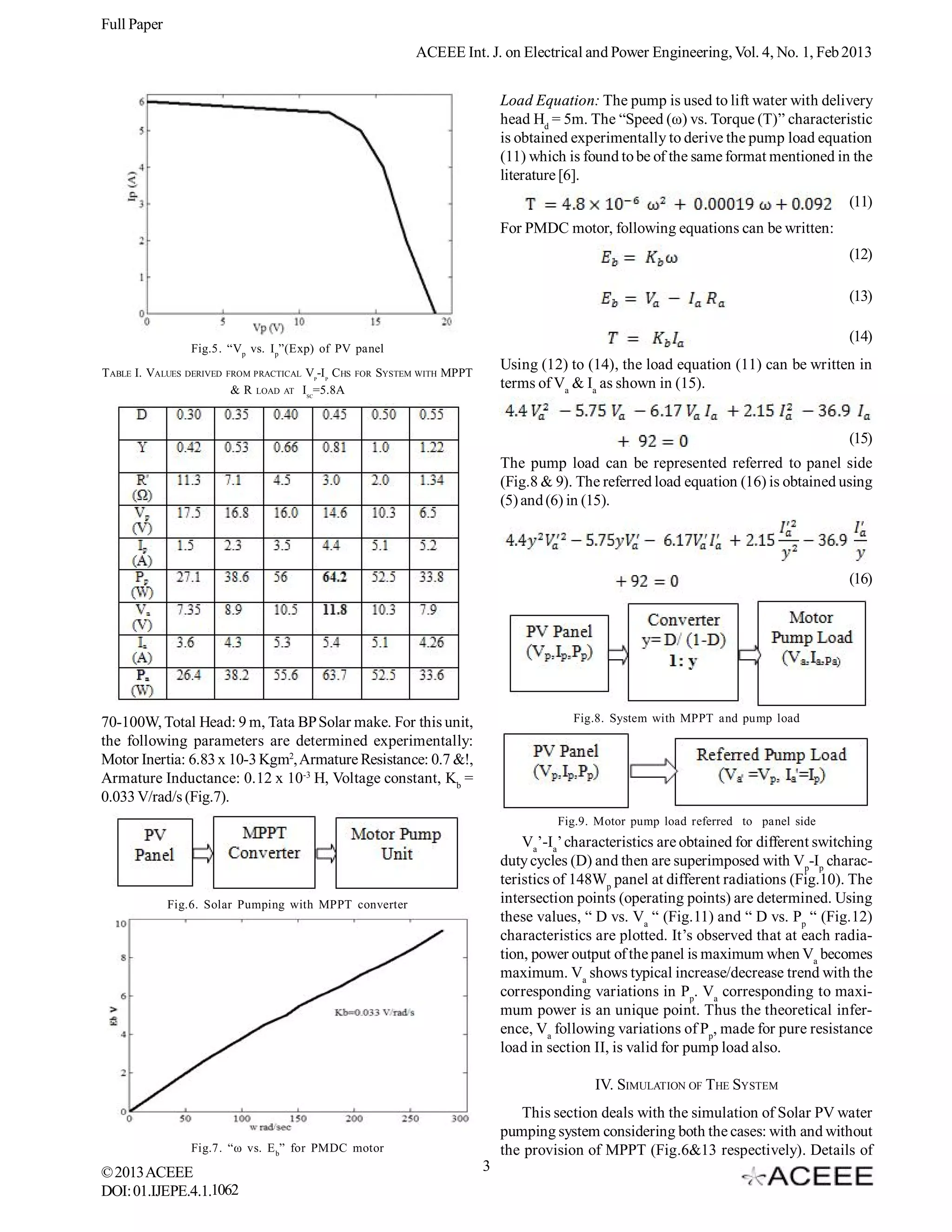 Full Paper
                                                                      ACEEE Int. J. on Electrical and Power Engineering, Vol. 4, No. 1, Feb 2013


                                                                                       Load Equation: The pump is used to lift water with delivery
                                                                                       head Hd = 5m. The “Speed (ω) vs. Torque (T)” characteristic
                                                                                       is obtained experimentally to derive the pump load equation
                                                                                       (11) which is found to be of the same format mentioned in the
                                                                                       literature [6].
                                                                                                                                                  (11)
                                                                                       For PMDC motor, following equations can be written:
                                                                                                                                                  (12)

                                                                                                                                                  (13)

                                                                                                                                                  (14)
                 Fig.5. “Vp vs. I p”(Exp) of PV panel
TABLE I. VALUES DERIVED   FROM PRACTICAL    VP-I P C HS   FOR   SYSTEM WITH MPPT
                                                                                       Using (12) to (14), the load equation (11) can be written in
                          &R   LOAD AT     ISC=5.8A                                    terms of Va & Ia as shown in (15).


                                                                                                                                                  (15)
                                                                                       The pump load can be represented referred to panel side
                                                                                       (Fig.8 & 9). The referred load equation (16) is obtained using
                                                                                       (5) and (6) in (15).



                                                                                                                                                  (16)




70-100W, Total Head: 9 m, Tata BP Solar make. For this unit,                                       Fig.8. System with MPPT and pump load
the following parameters are determined experimentally:
Motor Inertia: 6.83 x 10-3 Kgm2, Armature Resistance: 0.7 &!,
Armature Inductance: 0.12 x 10-3 H, Voltage constant, Kb =
0.033 V/rad/s (Fig.7).
                                                                                                Fig.9. Motor pump load referred to panel side
                                                                                           Va’-Ia’ characteristics are obtained for different switching
                                                                                       duty cycles (D) and then are superimposed with Vp-Ip charac-
                                                                                       teristics of 148Wp panel at different radiations (Fig.10). The
             Fig.6. Solar Pumping with MPPT converter                                  intersection points (operating points) are determined. Using
                                                                                       these values, “ D vs. Va “ (Fig.11) and “ D vs. Pp “ (Fig.12)
                                                                                       characteristics are plotted. It’s observed that at each radia-
                                                                                       tion, power output of the panel is maximum when Va becomes
                                                                                       maximum. Va shows typical increase/decrease trend with the
                                                                                       corresponding variations in Pp. Va corresponding to maxi-
                                                                                       mum power is an unique point. Thus the theoretical infer-
                                                                                       ence, Va following variations of Pp, made for pure resistance
                                                                                       load in section II, is valid for pump load also.

                                                                                                       IV. SIMULATION OF THE SYSTEM
                                                                                          This section deals with the simulation of Solar PV water
                                                                                       pumping system considering both the cases: with and without
                 Fig.7. “ω vs. E b” for PMDC motor                                     the provision of MPPT (Fig.6&13 respectively). Details of
© 2013 ACEEE                                                                       3
DOI: 01.IJEPE.4.1.1062
 
