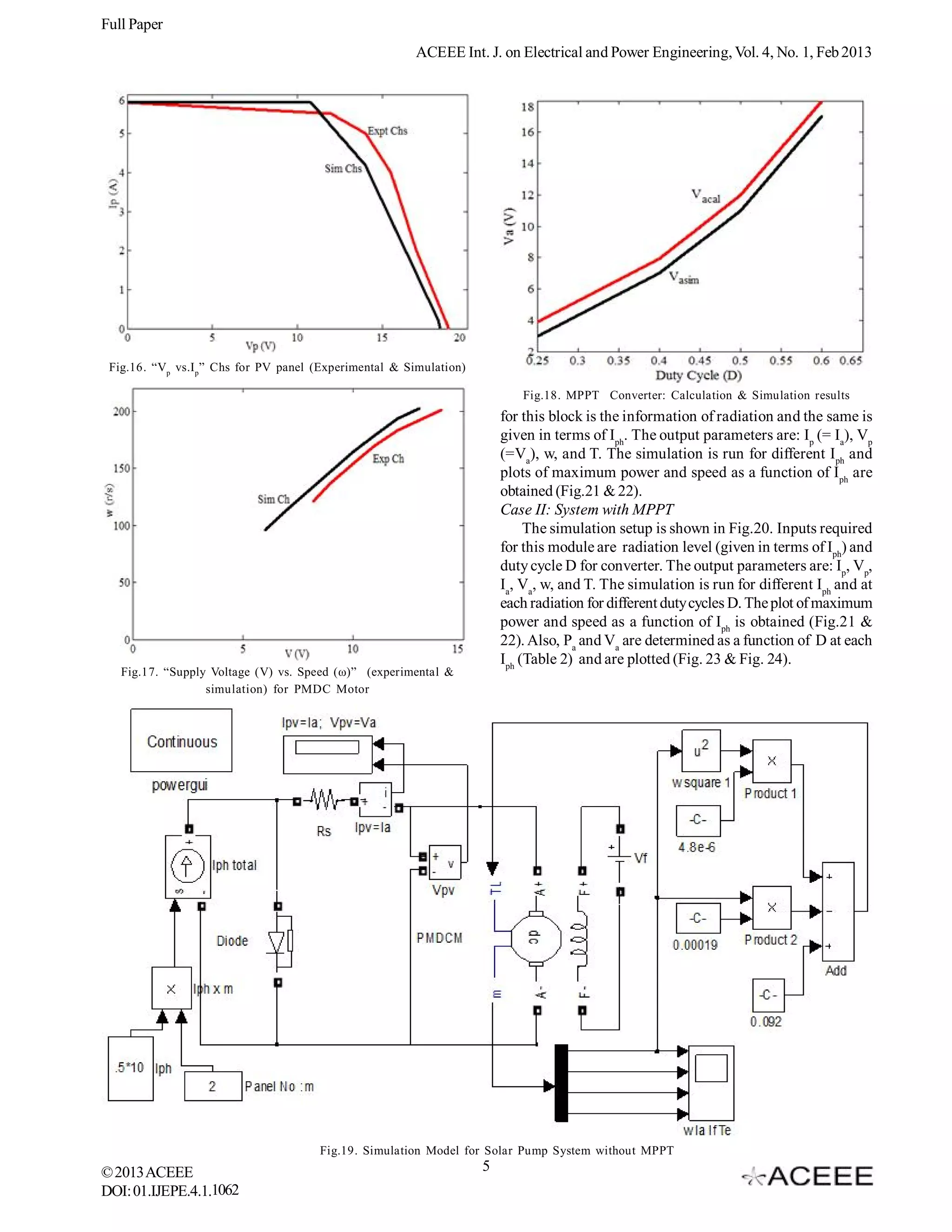 Full Paper
                                                        ACEEE Int. J. on Electrical and Power Engineering, Vol. 4, No. 1, Feb 2013




 Fig.16. “Vp vs.I p ” Chs for PV panel (Experimental & Simulation)

                                                                            Fig.18. MPPT Converter: Calculation & Simulation results
                                                                         for this block is the information of radiation and the same is
                                                                         given in terms of Iph. The output parameters are: Ip (= Ia), Vp
                                                                         (=Va), w, and T. The simulation is run for different Iph and
                                                                         plots of maximum power and speed as a function of Iph are
                                                                         obtained (Fig.21 & 22).
                                                                         Case II: System with MPPT
                                                                              The simulation setup is shown in Fig.20. Inputs required
                                                                         for this module are radiation level (given in terms of Iph) and
                                                                         duty cycle D for converter. The output parameters are: Ip, Vp,
                                                                         Ia, Va, w, and T. The simulation is run for different Iph and at
                                                                         each radiation for different duty cycles D. The plot of maximum
                                                                         power and speed as a function of Iph is obtained (Fig.21 &
                                                                         22). Also, Pa and Va are determined as a function of D at each
                                                                         Iph (Table 2) and are plotted (Fig. 23 & Fig. 24).
   Fig.17. “Supply Voltage (V) vs. Speed (ω)” (experimental &
                  simulation) for PMDC Motor




                                       Fig.19. Simulation Model for Solar Pump System without MPPT
© 2013 ACEEE                                                         5
DOI: 01.IJEPE.4.1.1062
 