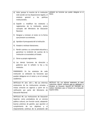 d) Velar porque la marcha de la institución señalarán las funciones que puedan delegarse en el
   esté acorde con las disposiciones legales, el Rector.
   estatuto     general    y    las    políticas
   institucionales.

e) Expedir o modificar los estatutos y
   reglamentos de la institución, previo
   concepto del Ministerio de Educación
   Nacional.

f)   Designar y remover al rector en la forma
     que prevean sus estatutos.

g) Aprobar el presupuesto de la institución.

h) Aceptar o rechazar donaciones.

i)   Rendir cuentas a su comunidad educativa y
     garantizar la rendición de cuentas de la
     institución a la sociedad y el Estado.

j)   Darse su propio reglamento.

k) Las demás funciones de dirección y
   gobierno que le señalen la ley y los
   estatutos.

PARÁGRAFO. En los estatutos de cada
institución se señalarán las funciones que
pueden delegarse en el rector y en el consejo
académico.

ARTÍCULO 47. (Art. 103 L. 30) Las reformas        ARTÍCULO 103. Las reformas estatutarias de estas
                                                  instituciones deberán notificarse para su ratificación al
estatutarias de las instituciones privadas y
                                                  Ministerio de Educación Nacional por intermedio del
mixtas entrarán en vigencia a partir de su        Instituto Colombiano para el Fomento de la Educación
ratificación por parte del Ministerio de          Superior (Icfes).
Educación Nacional.

ARTÍCULO 48. Las Instituciones de Educación
Superior, como prestadoras de un servicio
público cultural, con función social, adoptarán
buenas prácticas de gestión, que apunten al
cumplimiento de sus objetivos y al
mejoramiento continuo de la prestación del
 