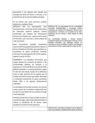 pecuniarios y los ingresos que perciba por
concepto de venta de bienes y servicios, y los
provenientes de las alianzas público privadas.

d) Los bienes que como personas jurídicas
adquieran a cualquier título.
ARTÍCULO 103. Los presupuestos para                  ARTÍCULO 86. Los presupuestos de las universidades
                                                     nacionales, departamentales y municipales estarán
funcionamiento e inversión de las Instituciones
                                                     constituidos por aportes del Presupuesto Nacional para
de Educación Superior públicas, estarán              funcionamiento e inversión, por los aportes de los entes
constituidos por aportes del Presupuesto             territoriales, por los recursos y rentas propias de cada
                                                     institución.
General de la Nación, por aportes de los entes
territoriales y por recursos y rentas propias de     Las universidades estatales u oficiales recibirán
cada institución.                                    anualmente aportes de los presupuestos nacional y de las
                                                     entidades territoriales, que signifiquen siempre un
Estas instituciones recibirán anualmente             incremento en pesos constantes, tomando como base los
recursos del Presupuesto General de la Nación y      presupuestos de rentas y gastos vigentes a partir de 1993.

de las entidades territoriales, que signifiquen un
incremento en pesos constantes, tomando
como base los presupuestos de rentas y gastos,
vigentes a partir de 2011.
PARÁGRAFO. Las entidades territoriales que
tengan deudas por concepto de aportes a las
Universidades públicas, de acuerdo a lo
dispuesto en el artículo 86 de la Ley 30 de 1992,
deberán proceder a su presupuestación y pago.
El valor de esta deuda resulta de la diferencia
entre el valor presente de los aportes que la
entidad territorial tendría que haber efectuado
y mantenido anualmente en pesos constantes
desde 1993 y los aportes efectivamente
realizados.
Las entidades territoriales contarán con seis (6)
meses a partir de la entrada en vigencia de esta
ley para la suscripción de los acuerdos de pago
a que haya lugar.
Vencido este término sin que se haya suscrito el
acuerdo de pago, cada Universidad procederá a
realizar la liquidación de tal deuda. Dicha
liquidación constituirá título ejecutivo.
                                                     ARTÍCULO 88. <Ver Notas de Vigencia> Con el objeto de
                                                     hacer una evaluación y posteriormente sanear los pasivos
 