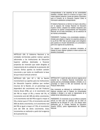 correspondientes a las cesantías de las universidades
                                                     estatales u oficiales, éstas en un término no mayor a seis
                                                     meses deberán presentar a través del Instituto Colombiano
                                                     para el Fomento de la Educación Superior (Icfes) la
                                                     información satisfactoria correspondiente.

                                                     El Gobierno Nacional en un término no mayor a dos años y
                                                     con la asesoría del Consejo Nacional de Educación
                                                     Superior (CESU), adoptará las medidas necesarias para
                                                     garantizar los aportes correspondientes del Presupuesto
                                                     Nacional, de los entes territoriales y de los esfuerzos de
                                                     las mismas universidades.

                                                     PARÁGRAFO. Facúltase a las universidades estatales u
                                                     oficiales para adoptar el régimen de cesantías previsto en
                                                     la Ley 50 de 1990. Este se podrá acoger como obligatorio
                                                     para quienes se vinculen laboralmente a la universidad a
                                                     partir de la vigencia de la presente ley.

                                                     Con respecto a quienes ya estuvieran vinculados, el
                                                     traslado al nuevo régimen quedará al criterio exclusivo del
                                                     docente o funcionario.
ARTÍCULO 104. El Gobierno Nacional y las
entidades territoriales podrán realizar aportes
adicionales a las Instituciones de Educación
Superior públicas destinados a financiar
proyectos de inversión que estén dirigidos al
mejoramiento de la calidad de la prestación del
servicio. Dichos aportes no tendrán carácter
recurrente y por tanto no modificarán la base
de que trata el artículo anterior.
ARTÍCULO 105. (Art. 87 L. 30) La Nación              ARTÍCULO 87. A partir del sexto año de la vigencia de la
                                                     presente ley, el Gobierno Nacional incrementará sus
incrementará sus aportes para las Instituciones
                                                     aportes para las universidades estatales u oficiales, en un
de Educación Superior públicas que reciban           porcentaje no inferior al 30% del incremento real del
recursos de la Nación, en un porcentaje que          Producto Interno Bruto.
dependerá del crecimiento real del Producto
                                                     Este incremento se efectuará en conformidad con los
Interno Bruto (PIB), así: si el crecimiento real     objetivos previstos para el Sistema de Universidades
del PIB es mayor al 0% y menor del 5%, el            estatales u oficiales y en razón al mejoramiento de la
                                                     calidad de las instituciones que lo integran.
incremento será del 30% de dicho crecimiento;
si el crecimiento real del PIB es igual o mayor al   PARÁGRAFO. El incremento al que se refiere el presente
5% y menor que el 7.5%, el incremento será del       artículo se hará para los sistemas que se creen en
                                                     desarrollo de los artículos 81 y 82 y los dineros serán
40% de dicho crecimiento; si el crecimiento real     distribuidos por el Consejo Nacional de Educación
del PIB es igual o mayor al 7.5%, el incremento      Superior (CESU), previa reglamentación del Gobierno
será del 50% de dicho crecimiento. Estos             Nacional.
incrementos se realizarán a partir de la vigencia
de la presente Ley.
 