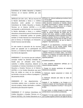 Colombiano de Crédito Educativo y Estudios
Técnicos en el Exterior (ICETEX) por este
concepto.

ARTÍCULO 119. (Art. 114 L. 30) Los recursos de        ARTÍCULO 114. <Artículo modificado por el artículo 2 de la
                                                      Ley 1012 de 2006>
la Nación destinados a becas o a créditos             Los recursos fiscales de la Nación destinados a becas o a
educativos serán girados al Instituto                 créditos educativos universitarios en Colombia, deberán
Colombiano de Crédito Educativo y Estudios            ser girados exclusivamente al Instituto Colombiano de
                                                      Crédito Educativo y Estudios Técnicos en el Exterior,
Técnicos en el Exterior (ICETEX) y a él               Icetex, y a él corresponde su administración.
corresponde su administración. Los recursos de
la Nación destinados a becas o a créditos             Parágrafo 1°. Los recursos que por cualquier concepto
                                                      reciban las distintas entidades del Estado para ser
educativos universitarios para la financiación de     utilizados como becas, subsidios o créditos educativos,
maestrías, o doctorados podrán ser girados            deberán ser trasladados al Instituto Colombiano de Crédito
también al Fondo Nacional de Financiamiento           Educativo y Estudios Técnicos en el Exterior, Icetex, o a
                                                      los Fondos Educativos que para fines de crédito se creen
para la Ciencia, la Tecnología y la Innovación,       en las entidades territoriales a las que se refiere el
Fondo Francisco José de Caldas.                       parágrafo 2° del presente artículo.

                                                      Parágrafo 2°. Los departamentos y municipios podrán
En este evento la ejecución de los recursos           crear o constituir con sus recursos propios, fondos
podrá ser apoyada con la participación de             destinados a créditos educativos universitarios.
terceros y el Gobierno Nacional reglamentará          Parágrafo 3°. El Instituto Colombiano de Crédito Educativo
los criterios de asignación.                          y Estudios Técnicos en el Exterior, Icetex, y los Fondos
                                                      Educativos en el respectivo nivel territorial adjudicarán los
                                                      créditos y becas teniendo en cuenta entre otros los
PARÁGRAFO 1°. Los recursos que por cualquier          siguientes parámetros:
concepto reciban las distintas entidades del
                                                      a) Excelencia académica;
Estado para ser utilizados como becas,
subsidios o créditos educativos, deberán ser          b) Nivel académico debidamente certificado por la
                                                      institución educativa respectiva;
trasladados al Instituto Colombiano de Crédito
Educativo y Estudios Técnicos en el Exterior          c) Escasez de recursos económicos del estudiante
(ICETEX), o a los Fondos Educativos que para          debidamente comprobados;
fines de crédito se creen en las entidades            d) Distribución regional proporcional al número de
territoriales a las que se refiere el parágrafo 2°    estudiantes;
del presente artículo.
                                                      e) Distribución adecuada para todas las áreas del
                                                      conocimiento.
PARÁGRAFO 2°. Los departamentos y
                                                      Parágrafo 4°. Las Asambleas y los Consejos en el
municipios podrán crear o constituir con sus          momento de creación del Fondo Educativo darán estricto
recursos propios, fondos destinados a créditos        cumplimiento a lo dispuesto en el artículo 7° de la Ley 819
educativos para Educación Superior.                   de 2003.

                                                      De igual manera, la entidad otorgante de crédito dará
PARÁGRAFO 3°. El Instituto Colombiano de prioridad laboral a sus beneficiarios profesionales.
Crédito Educativo y Estudios Técnicos en el Parágrafo 5°. En toda cuestión sobre créditos educativos
Exterior (ICETEX), y los Fondos Educativos en el que no pudiere regularse conforme a las reglas de esta ley
 