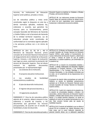 recursos, las Instituciones de Educación Educación Superior se clasifican en: Estatales u Oficiales,
                                            Privadas y de Economía Solidaria.
Superior serán públicas, privadas o mixtas.
                                                      ARTÍCULO 98. Las instituciones privadas de Educación
Las de naturaleza pública y mixta serán               Superior deben ser personas jurídicas de utilidad común,
                                                      sin ánimo de lucro, organizadas como corporaciones,
constituidas según lo dispuesto en esta ley y         fundaciones o instituciones de economía solidaria.
demás normativa aplicable, mediante ley,
ordenanza o acuerdo, que garantice los
recursos para su funcionamiento, previo
concepto favorable del Ministerio de Hacienda
y Crédito Público o de la Secretaría de Hacienda
de la entidad territorial respectiva. Las de
naturaleza privada serán constituidas de
conformidad con la normativa vigente aplicable
a las personas jurídicas con o sin ánimo de
lucro.

ARTÍCULO 14. (Art. 22, 58, 59 L. 30) El               ARTÍCULO 22. El Ministro de Educación Nacional, previo
Ministerio de Educación Nacional, previo              concepto favorable del Consejo Nacional de Educación
                                                      Superior (CESU), podrá aprobar el funcionamiento de
concepto de la Comisión Nacional Intersectorial
                                                      nuevas instituciones de Educación Superior y determinará
de Aseguramiento de la Calidad de la Educación        el campo o campos de acción en que se puedan
Superior, Conaces, o del órgano de evaluación         desempeñar, su carácter académico y de conformidad con
que haga sus veces, autorizará la prestación del      la presente Ley.
servicio de Educación Superior. Para tal efecto
evaluará     los     siguientes      documentos       ARTÍCULO 58. La creación de universidades estatales u
                                                      oficiales y demás instituciones de Educación Superior
presentados por el representante legal:
                                                      corresponde al Congreso Nacional, a las Asambleas
a)      Los estatutos de la institución;              Departamentales, a los Concejos Distritales o a los
                                                      Concejos Municipales, o a las entidades territoriales que
b)      El proyecto educativo institucional;          se creen, con el cumplimiento de las disposiciones de la
                                                      presente Ley.
c)      Los   estudios      de         factibilidad
                                                      Al proyecto de creación debe acompañarse por parte del
socioeconómica y académica;
                                                      Gobierno un estudio de factibilidad socioeconómico
                                                      aprobado por el Ministro de Educación Nacional previo
d)      El plan de desarrollo institucional;          concepto favorable del Consejo Nacional de Educación
                                                      Superior (CESU).
e)      El régimen del personal docente; y,
                                                      ARTÍCULO 59. A partir de la vigencia de la presente Ley,
                                                      la creación de universidades estatales u oficiales o de
f)       El reglamento estudiantil.
                                                      seccionales y demás instituciones de Educación Superior
                                                      estatales u oficiales debe hacerse previo convenio entre la
PARÁGRAFO 1°: Para las de naturaleza pública          Nación y la entidad territorial respectiva, en donde se
además de lo anterior, deberá anexarse la ley,        establezca el monto de los aportes permanentes de una y
ordenanza o acuerdo de creación, y los                otra. Este convenio formará parte del estudio de
documentos que garanticen los recursos                factibilidad requerido.
presupuestales, de acuerdo con el estudio de ARTÍCULO 60. El estudio de factibilidad a que se refiere el
factibilidad y el plan de desarrollo.          artículo 58 de la presente Ley, deberá demostrar entre
                                                      otras cosas, que la nueva institución dispondrá de
PARÁGRAFO 2°: Para las de naturaleza privada o personal docente idóneo con la dedicación específica
 