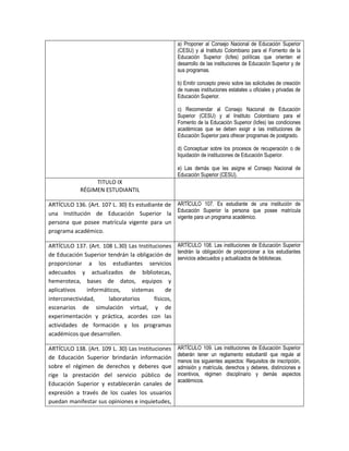 a) Proponer al Consejo Nacional de Educación Superior
                                                    (CESU) y al Instituto Colombiano para el Fomento de la
                                                    Educación Superior (Icfes) políticas que orienten el
                                                    desarrollo de las instituciones de Educación Superior y de
                                                    sus programas.

                                                    b) Emitir concepto previo sobre las solicitudes de creación
                                                    de nuevas instituciones estatales u oficiales y privadas de
                                                    Educación Superior.

                                                    c) Recomendar al Consejo Nacional de Educación
                                                    Superior (CESU) y al Instituto Colombiano para el
                                                    Fomento de la Educación Superior (Icfes) las condiciones
                                                    académicas que se deben exigir a las instituciones de
                                                    Educación Superior para ofrecer programas de postgrado.

                                                    d) Conceptuar sobre los procesos de recuperación o de
                                                    liquidación de instituciones de Educación Superior.

                                                    e) Las demás que les asigne el Consejo Nacional de
                                                    Educación Superior (CESU).
                 TITULO IX
            RÉGIMEN ESTUDIANTIL

ARTÍCULO 136. (Art. 107 L. 30) Es estudiante de ARTÍCULO 107. Es estudiante de una institución de
                                                Educación Superior la persona que posee matrícula
una Institución de Educación Superior la
                                                vigente para un programa académico.
persona que posee matrícula vigente para un
programa académico.

ARTÍCULO 137. (Art. 108 L.30) Las Instituciones ARTÍCULO 108. Las instituciones de Educación Superior
de Educación Superior tendrán la obligación de tendrán la obligación de proporcionar a los estudiantes
                                                  servicios adecuados y actualizados de bibliotecas.
proporcionar a los estudiantes servicios
adecuados y actualizados de bibliotecas,
hemeroteca, bases de datos, equipos y
aplicativos    informáticos,    sistemas      de
interconectividad,     laboratorios      físicos,
escenarios de simulación virtual, y de
experimentación y práctica, acordes con las
actividades de formación y los programas
académicos que desarrollen.

ARTÍCULO 138. (Art. 109 L. 30) Las Instituciones    ARTÍCULO 109. Las instituciones de Educación Superior
                                                    deberán tener un reglamento estudiantil que regule al
de Educación Superior brindarán información
                                                    menos los siguientes aspectos: Requisitos de inscripción,
sobre el régimen de derechos y deberes que          admisión y matrícula, derechos y deberes, distinciones e
rige la prestación del servicio público de          incentivos, régimen disciplinario y demás aspectos
                                                    académicos.
Educación Superior y establecerán canales de
expresión a través de los cuales los usuarios
puedan manifestar sus opiniones e inquietudes,
 