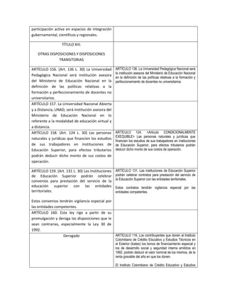 participación activa en espacios de integración
gubernamental, científicos y regionales.

                   TÍTULO XIII.

    OTRAS DISPOSICIONES Y DISPOSICIONES
               TRANSITORIAS

ARTÍCULO 156. (Art. 136 L. 30) La Universidad       ARTÍCULO 136. La Universidad Pedagógica Nacional será
                                                    la institución asesora del Ministerio de Educación Nacional
Pedagógica Nacional será institución asesora
                                                    en la definición de las políticas relativas a la formación y
del Ministerio de Educación Nacional en la          perfeccionamiento de docentes no universitarios.
definición de las políticas relativas a la
formación y perfeccionamiento de docentes no
universitarios.
ARTÍCULO 157. La Universidad Nacional Abierta
y a Distancia, UNAD, será institución asesora del
Ministerio de Educación Nacional en lo
referente a la modalidad de educación virtual y
a distancia.
ARTÍCULO 158. (Art. 124 L. 30) Las personas         ARTÍCULO 124. <Artículo CONDICIONALMENTE
                                                    EXEQUIBLE> Las personas naturales y jurídicas que
naturales y jurídicas que financien los estudios
                                                    financien los estudios de sus trabajadores en instituciones
de sus trabajadores en Instituciones de             de Educación Superior, para efectos tributarios podrán
Educación Superior, para efectos tributarios        deducir dicho monto de sus costos de operación.
podrán deducir dicho monto de sus costos de
operación.

ARTÍCULO 159. (Art. 131 L. 30) Las Instituciones    ARTÍCULO 131. Las instituciones de Educación Superior
de Educación Superior podrán celebrar               podrán celebrar contratos para prestación del servicio de
                                                    la Educación Superior con las entidades territoriales.
convenios para prestación del servicio de la
educación superior con las entidades                Estos contratos tendrán vigilancia especial por las
territoriales.                                      entidades competentes.

Estos convenios tendrán vigilancia especial por
las entidades competentes.
ARTÍCULO 160. Esta ley rige a partir de su
promulgación y deroga las disposiciones que le
sean contrarias, especialmente la Ley 30 de
1992.
                  Derogado                      ARTÍCULO 116. Los contribuyentes que donen al Instituto
                                                    Colombiano de Crédito Educativo y Estudios Técnicos en
                                                    el Exterior (Icetex) los bonos de financiamiento especial y
                                                    los de desarrollo social y seguridad interna emitidos en
                                                    1992, podrán deducir el valor nominal de los mismos, de la
                                                    renta gravable del año en que los donen.

                                                    El Instituto Colombiano de Crédito Educativo y Estudios
 