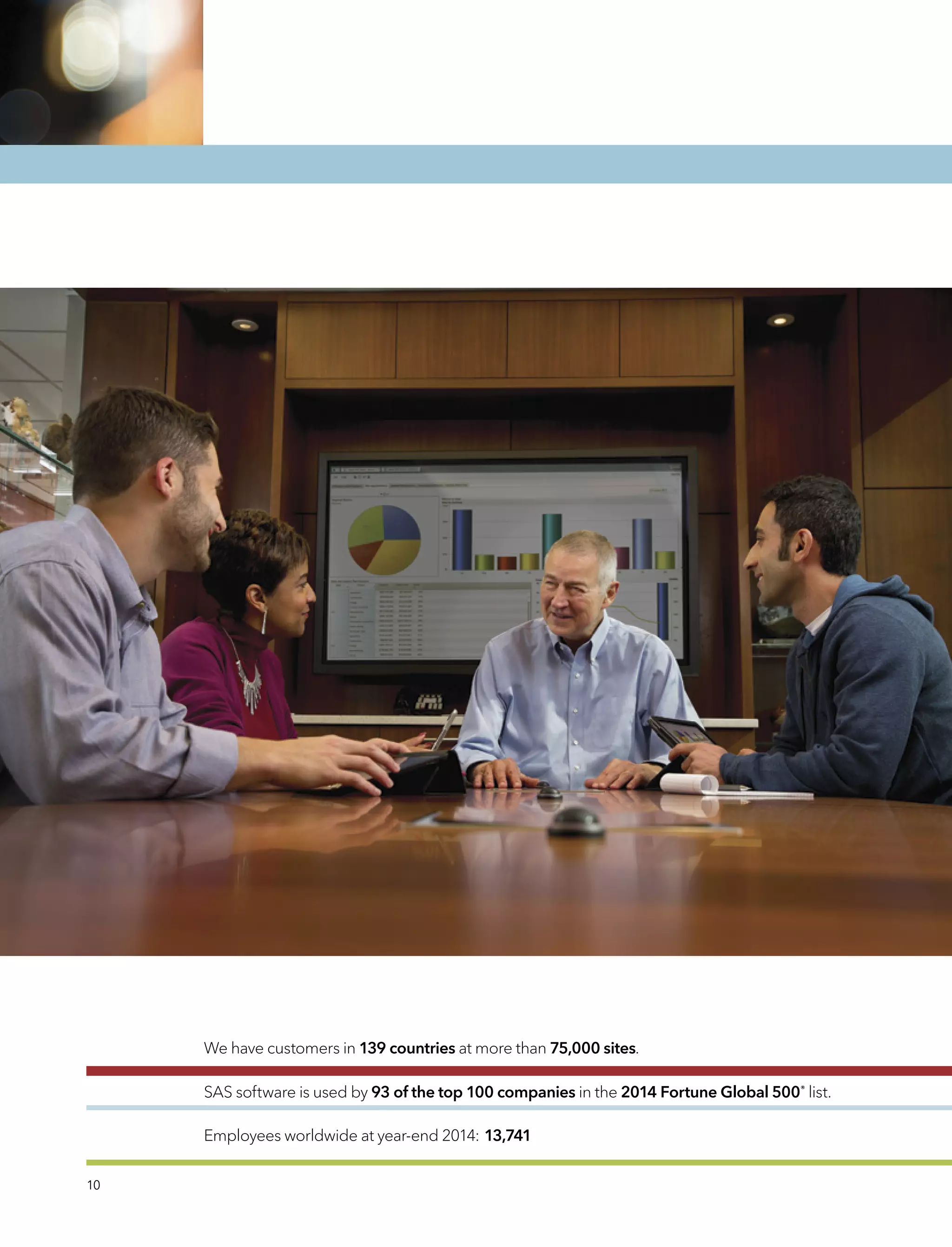 10
We have customers in 139 countries at more than 75,000 sites.
SAS software is used by 93 of the top 100 companies in the 2014 Fortune Global 500®
list.
Employees worldwide at year-end 2014: 13,741
 