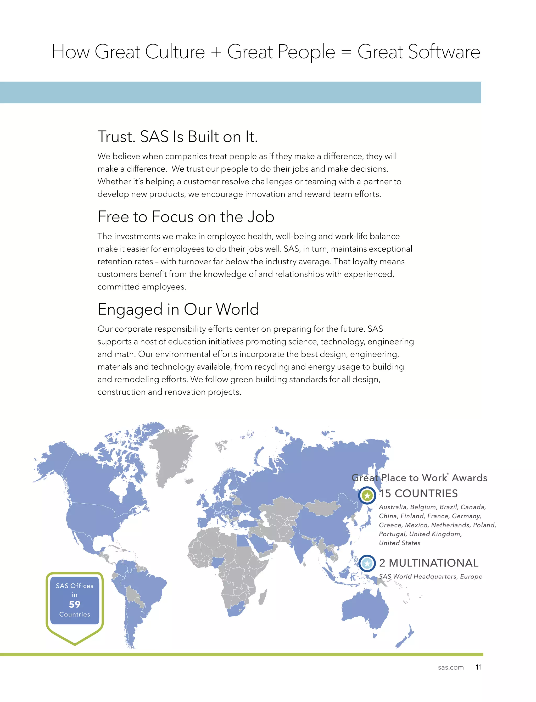 sas.com 11
How Great Culture + Great People = Great Software
Trust. SAS Is Built on It.
We believe when companies treat people as if they make a difference, they will
make a difference. We trust our people to do their jobs and make decisions.
Whether it’s helping a customer resolve challenges or teaming with a partner to
develop new products, we encourage innovation and reward team efforts.
Free to Focus on the Job
The investments we make in employee health, well-being and work-life balance
make it easier for employees to do their jobs well. SAS, in turn, maintains exceptional
retention rates – with turnover far below the industry average. That loyalty means
customers benefit from the knowledge of and relationships with experienced,
committed employees.
Engaged in Our World
Our corporate responsibility efforts center on preparing for the future. SAS
supports a host of education initiatives promoting science, technology, engineering
and math. Our environmental efforts incorporate the best design, engineering,
materials and technology available, from recycling and energy usage to building
and remodeling efforts. We follow green building standards for all design,
construction and renovation projects.
15 COUNTRIES
Australia, Belgium, Brazil, Canada,
China, Finland, France, Germany,
Greece, Mexico, Netherlands, Poland,
Portugal, United Kingdom,
United States
2 MULTINATIONAL
SAS World Headquarters, Europe
Great Place to Work
®
Awards
SAS Offices
in
59
Countries
 
