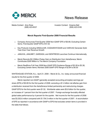News Release
______________________________________________________________________________

Media Contact: Amy Rose                                  Investor Contact: Graeme Bell
               (908) 423-6537                                              (908) 423-5185



                     Merck Reports First-Quarter 2008 Financial Results


    •   Company Announces First-Quarter 2008 Non-GAAP EPS of $0.89, Excluding Certain
        Items; First-Quarter GAAP EPS of $1.52

    •   Key Products Including SINGULAIR, COZAAR/HYZAAR and VARIVAX Generate Solid
        Year-Over-Year Revenue Growth

    •   JANUVIA, JANUMET, GARDASIL and ISENTRESS Launches Continue Internationally

    •   Merck Records $2.2 Billion Pretax Gain on Distribution from AstraZeneca; Merck
        Contributes $300 Million to The Merck Company Foundation

    •   Merck Reaffirms Full-Year 2008 Non-GAAP EPS Guidance Range of $3.28 to $3.38,
        Excluding Certain Items; Revised 2008 GAAP EPS Range of $3.84 to $4.00


WHITEHOUSE STATION, N.J., April 21, 2008 – Merck & Co., Inc. today announced financial
results for the first quarter of 2008.
        Merck reported non-GAAP (generally accepted accounting principles) earnings per
share (EPS) of $0.89 for the first quarter of 2008, excluding a $1.4 billion net aftertax gain from
a distribution received from the AstraZeneca limited partnership and restructuring charges.
GAAP EPS for the first quarter were $1.52. Worldwide sales were $5.8 billion for the quarter,
an increase of 1 percent from the first quarter of 2007. Foreign exchange favorably affected
global sales performance by 4 percent for the quarter. Net income for the first quarter of 2008
was $3,302.6 million compared with $1,704.3 million in the first quarter of 2007. A reconciliation
of EPS as reported in accordance with GAAP to EPS that excludes certain items is provided in
the table that follows.


                                              - more -
 