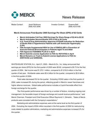 News Release
____________________________________________________________________

Media Contact:          Janet Skidmore               Investor Contact:      Graeme Bell
                        (908) 423-3046                                      (908) 423-5185


   Merck Announces First-Quarter 2005 Earnings Per Share (EPS) of 62 Cents

        •   Merck Anticipates Full-Year 2005 Earnings Per Share Range of $2.44 to $2.52
        •   Merck Anticipates Second-Quarter EPS of 60 to 64 Cents
        •   U.S. Food & Drug Administration Approves HYZAAR Indication for Reduction
            of Stroke Risk in Hypertensive Patients with Left Ventricular Hypertrophy
            (LVH)
        •   FDA Accepts Supplemental NDA for Use of SINGULAIR in Prevention of
            Exercise-Induced Bronchospasm in Patients Aged 15 and Older
        •   FDA Approves FOSAMAX PLUS D in April
        •   Merck Submits License Application to FDA for ROTATEQ in April
        •   Merck Remains on Track to Submit License Applications to FDA for
            ZOSTAVAX and GARDASIL


WHITEHOUSE STATION, N.J., April 21, 2005 – Merck & Co., Inc. today announced that
earnings per share (EPS) for the first quarter of 2005 were $0.62, compared to $0.73 for the first
quarter of 2004. Net income was $1,370.1 million, compared to $1,618.6 million in the first
quarter of last year. Worldwide sales were $5.4 billion for the quarter, compared to $5.6 billion
in the first quarter of 2004.
        Total sales decreased 5% for the quarter. Excluding VIOXX sales in the first quarter of
2004, sales increased 8% during the period, reflecting growth in Merck’s newer franchises and
higher alliance revenues. Global sales performance includes a 2-point favorable effect from
foreign exchange for the quarter.
        “Our first-quarter performance was driven by a number of factors, including ongoing cost
management, the favorable impact of foreign exchange and overall revenue performance,” said
Merck Chairman, President and Chief Executive Officer Raymond V. Gilmartin. “Sales of Merck
products were consistent with the Company’s expectations.”
        Marketing and administrative expenses were at the same level as the first quarter of
2004. Excluding the impact of $34 million recorded in the first quarter of 2004 for restructuring
costs related to position eliminations, marketing and administrative expenses increased 2% for
the quarter.
                                             - more -
 
