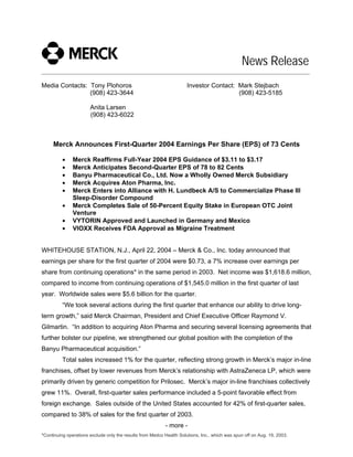 News Release
_____________________________________________________________________________________________

Media Contacts: Tony Plohoros                                         Investor Contact: Mark Stejbach
                (908) 423-3644                                                          (908) 423-5185

                       Anita Larsen
                       (908) 423-6022



     Merck Announces First-Quarter 2004 Earnings Per Share (EPS) of 73 Cents

          •    Merck Reaffirms Full-Year 2004 EPS Guidance of $3.11 to $3.17
          •    Merck Anticipates Second-Quarter EPS of 78 to 82 Cents
          •    Banyu Pharmaceutical Co., Ltd. Now a Wholly Owned Merck Subsidiary
          •    Merck Acquires Aton Pharma, Inc.
          •    Merck Enters into Alliance with H. Lundbeck A/S to Commercialize Phase III
               Sleep-Disorder Compound
          •    Merck Completes Sale of 50-Percent Equity Stake in European OTC Joint
               Venture
          •    VYTORIN Approved and Launched in Germany and Mexico
          •    VIOXX Receives FDA Approval as Migraine Treatment


WHITEHOUSE STATION, N.J., April 22, 2004 – Merck & Co., Inc. today announced that
earnings per share for the first quarter of 2004 were $0.73, a 7% increase over earnings per
share from continuing operations* in the same period in 2003. Net income was $1,618.6 million,
compared to income from continuing operations of $1,545.0 million in the first quarter of last
year. Worldwide sales were $5.6 billion for the quarter.
          “We took several actions during the first quarter that enhance our ability to drive long-
term growth,” said Merck Chairman, President and Chief Executive Officer Raymond V.
Gilmartin. “In addition to acquiring Aton Pharma and securing several licensing agreements that
further bolster our pipeline, we strengthened our global position with the completion of the
Banyu Pharmaceutical acquisition.”
          Total sales increased 1% for the quarter, reflecting strong growth in Merck’s major in-line
franchises, offset by lower revenues from Merck’s relationship with AstraZeneca LP, which were
primarily driven by generic competition for Prilosec. Merck’s major in-line franchises collectively
grew 11%. Overall, first-quarter sales performance included a 5-point favorable effect from
foreign exchange. Sales outside of the United States accounted for 42% of first-quarter sales,
compared to 38% of sales for the first quarter of 2003.
                                                           - more -
*Continuing operations exclude only the results from Medco Health Solutions, Inc., which was spun off on Aug. 19, 2003.
 