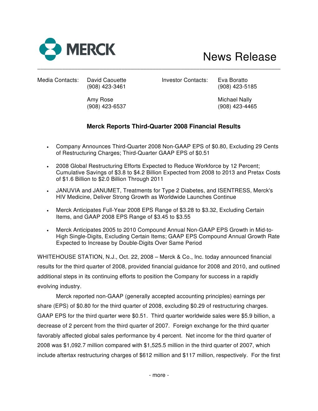 merck 3Q08 Earnings Announcement