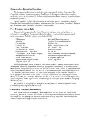 32
Compensation Committee Consultant
The Compensation Consultant periodically meets independently with the Chairman of the
Committee to discuss compensation matters. In addition, the Compensation Consultant regularly
participates in executive sessions with the Committee (without any Deere personnel present) to discuss
compensation matters.
Hewitt Associates LLC provides other actuarial and human resource consulting services for
Deere, but the Committee believes this does not compromise the Compensation Consultant’s ability to
provide an independent perspective on executive compensation.
Peer Group and Market Data
To ensure total compensation for Named Executives is aligned to the market, based on
information provided by the Compensation Consultant, Deere benchmarked compensation and
performance against the following peer group for fiscal 2008.
3M Company Lockheed Martin Corporation
Alcoa Inc. Northrop Grumman Corporation
Caterpillar Inc. PACCAR Inc.
Cummins Inc. Parker Hannifin Corporation
Eaton Corporation PPG Industries Inc.
Emerson Electric Company Raytheon Company
General Dynamics Corporation Textron Inc.
The Goodyear Tire  Rubber Company TRW Automotive Holdings Corporation
Honeywell International Inc. United Technologies Corporation
Illinois Tool Works Inc. Whirlpool Corporation
Ingersoll-Rand Company Limited Xerox Corporation
Johnson Controls Inc.
These companies are similar to Deere in sales volume, products, services, market capitalization
and/or global presence. Compensation paid by the peer group is representative of the compensation
Deere believes is required to attract, retain and motivate executive talent. The list of companies has not
significantly changed in recent years and provides a consistent measure for comparing compensation.
The Committee periodically reviews and considers the peer group to confirm that it continues to
be an appropriate benchmark for the Named Executives’ compensation and company performance.
During fiscal 2008, the Committee determined that due to TRW Automotive Holdings Corporation’s
significantly lower market capitalization, it will no longer be included as part of the Deere peer group
after fiscal 2008.
All references to peer group data throughout the CDA refer to information provided to the
Committee by the Compensation Consultant.
Elements of Executive Compensation
Total direct compensation for Deere’s Named Executives is a mix of cash and equity awards.
Base salary, STI and MTI awards are delivered in cash. Long-term incentives consist of equity awards
including RSUs and stock options. Indirect compensation includes perquisites, retirement benefits,
deferred compensation and post-employment benefits.
 