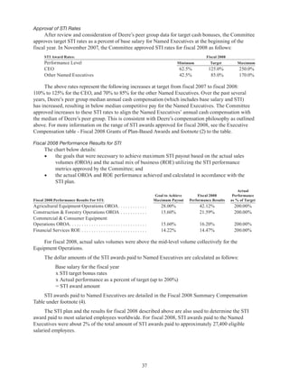 37
Approval of STI Rates
After review and consideration of Deere’s peer group data for target cash bonuses, the Committee
approves target STI rates as a percent of base salary for Named Executives at the beginning of the
fiscal year. In November 2007, the Committee approved STI rates for fiscal 2008 as follows:
STI Award Rates:  Fiscal 2008
Performance Level Minimum Target Maximum
CEO 62.5% 125.0% 250.0%
Other Named Executives 42.5% 85.0% 170.0%
The above rates represent the following increases at target from fiscal 2007 to fiscal 2008:
110% to 125% for the CEO, and 70% to 85% for the other Named Executives. Over the past several
years, Deere’s peer group median annual cash compensation (which includes base salary and STI)
has increased, resulting in below median competitive pay for the Named Executives. The Committee
approved increases to these STI rates to align the Named Executives’ annual cash compensation with
the median of Deere’s peer group. This is consistent with Deere’s compensation philosophy as outlined
above. For more information on the range of STI awards approved for fiscal 2008, see the Executive
Compensation table - Fiscal 2008 Grants of Plan-Based Awards and footnote (2) to the table.
Fiscal 2008 Performance Results for STI
The chart below details:
•	 the goals that were necessary to achieve maximum STI payout based on the actual sales
volumes (OROA) and the actual mix of business (ROE) utilizing the STI performance
metrics approved by the Committee; and
•	 the actual OROA and ROE performance achieved and calculated in accordance with the
STI plan.
Fiscal 2008 Performance Results For STI:
Goal to Achieve
Maximum Payout
Fiscal 2008
Performance Results
Actual
Performance
as % of Target
Agricultural Equipment Operations OROA. . . . . . . . . . . .  28.00% 42.12% 200.00%
Construction  Forestry Operations OROA. . . . . . . . . . .  15.60% 21.59% 200.00%
Commercial  Consumer Equipment
Operations OROA. . . . . . . . . . . . . . . . . . . . . . . . . . . . . . . .  15.60% 16.20% 200.00%
Financial Services ROE. . . . . . . . . . . . . . . . . . . . . . . . . . .  14.22% 14.47% 200.00%
For fiscal 2008, actual sales volumes were above the mid-level volume collectively for the
Equipment Operations.
The dollar amounts of the STI awards paid to Named Executives are calculated as follows:
Base salary for the fiscal year
	 x STI target bonus rates
	 x Actual performance as a percent of target (up to 200%)
	 = STI award amount
STI awards paid to Named Executives are detailed in the Fiscal 2008 Summary Compensation
Table under footnote (4).
The STI plan and the results for fiscal 2008 described above are also used to determine the STI
award paid to most salaried employees worldwide. For fiscal 2008, STI awards paid to the Named
Executives were about 2% of the total amount of STI awards paid to approximately 27,400 eligible
salaried employees.
 