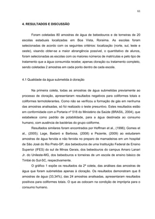 61



4. RESULTADOS E DISCUSSÃO


      Foram coletadas 80 amostras de água de bebedouros e de torneiras de 20
escolas estaduais localizadas em Boa Vista, Roraima. As escolas foram
selecionadas de acordo com os seguintes critérios: localização (norte, sul, leste e
oeste), visando obter-se a maior abrangência possível, o quantitativo de alunos,
foram selecionadas as escolas com os maiores números de matrículas e pelo tipo de
tratamento que a água consumida recebe; apenas cloração ou tratamento completo,
sendo coletadas 2 amostras em cada ponto dentro de cada escola.



4.1 Qualidade da água submetida à cloração


      Na primeira coleta, todas as amostras de água submetidas previamente ao
processo de cloração, apresentaram resultados negativos para coliformes totais e
coliformes termotolerantes. Como não se verificou a formação de gás em nenhuma
das amostras analisadas, só foi realizado o teste presuntivo. Estes resultados estão
em conformidade com a Portaria nº 518 do Ministério da Saúde (BRASIL, 2004), que
estabelece como padrão de potabilidade, para a água destinada ao consumo
humano, com ausência de bactérias do grupo coliforme.
      Resultados similares foram encontrados por Hoffman et al., (1996); Gomes et
al., (2005); Lage, Badaró e Barbosa, (2008) e Pezente, (2009) ao estudarem
amostras de água fervida e não fervida no preparo de mamadeiras em um hospital
de São José do Rio Preto-SP, dos bebedouros de uma Instituição Federal de Ensino
Superior (IFES) do sul de Minas Gerais, dos bebedouros do campus Amaro Lanari
Jr. do Unileste-MG, dos bebedouros e torneiras de um escola de ensino básico de
Timbé do Sul-SC, respectivamente.
      O gráfico 1 expõe os resultados da 2ª coleta, das análises das amostras de
água que foram submetidas apenas à cloração. Os resultados demonstram que 8
amostras de água (33,34%), das 24 amostras analisadas, apresentaram resultados
positivos para coliformes totais. O que as colocam na condição de imprópria para o
consumo humano.
 