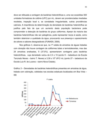 65



deve ser efetuada a contagem de bactérias heterotróficas e, uma vez excedidas 500
unidades formadoras de colônia (UFC) por mL, devem ser providenciadas imediatas
recoletas, inspeção local e, se constatada irregularidade, outras providências
cabíveis. A importância da determinação da densidade de bactérias heterotrófica se
justifica pelo fato de que um aumento desta população bacteriana pode
comprometer a detecção de bactérias do grupo coliformes. Apesar da maioria das
bactérias heterotróficas não ser patogênica, pode representar riscos à saúde, como
também deteriorar a qualidade da água, provocando sua presença o aparecimento
de odores e sabores desagradáveis (FUNASA, 2006).
      Nos gráficos 3, observa-se que, na 1ª coleta de amostras de águas tratadas
com cloração não houve contagem de coliformes totais e termotolerantes, mas das
24 amostras analisadas, 9 (37,5%), apresentaram contagens para bactérias
heterotróficas, cuja densidade variou de 2,3 x 10 (ponto 9 – bebedouro da Escola
Tancredo Neves – bairro T. Neves) a 3,39 x 102 UFC/ mL (ponto 27 – bebedouro da
Escola Luiz R. de Lucena – bairro Nova Cidade).


Gráfico 3 – Densidades de bactérias heterotróficas presentes em amostras de água,
tratada com coloração, coletadas nas escolas estaduais localizadas em Boa Vista –
RR

                                    1ª coleta
                  400
                  350
                  300
                  250
         UFC/mL




                  200
                  150
                                                              Bebedouros
                  100
                                                              Torneiras
                  50
                   0
 
