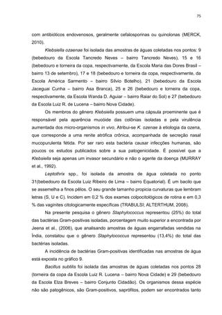 75



com antibióticos endovenosos, geralmente cefalosporinas ou quinolonas (MERCK,
2010).
         Klebsiella ozaenae foi isolada das amostras de águas coletadas nos pontos: 9
(bebedouro da Escola Tancredo Neves – bairro Tancredo Neves), 15 e 16
(bebedouro e torneira da copa, respectivamente, da Escola Maria das Dores Brasil –
bairro 13 de setembro), 17 e 18 (bebedouro e torneira da copa, respectivamente, da
Escola América Sarmento – bairro Sílvio Botelho), 21 (bebedouro da Escola
Jaceguai Cunha – bairro Asa Branca), 25 e 26 (bebedouro e torneira da copa,
respectivamente, da Escola Wanda D. Aguiar – bairro Raiar do Sol) e 27 (bebedouro
da Escola Luiz R. de Lucena – bairro Nova Cidade).
         Os membros do gênero Klebsiella possuem uma cápsula proeminente que é
responsável pela aparência mucóide das colônias isoladas e pela virulência
aumentada dos micro-organismos in vivo. Atribui-se K. ozenae à etiologia da ozena,
que corresponde a uma renite atrófica crônica, acompanhada de secreção nasal
mucopurulenta fétida. Por ser raro esta bactéria causar infecções humanas, são
poucos os estudos publicados sobre a sua patogenicidade. É possível que a
Klebsiella seja apenas um invasor secundário e não o agente da doença (MURRAY
et al., 1992).
         Leptothrix spp., foi isolada da amostra de água coletada no ponto
31(bebedouro da Escola Luiz Ribeiro de Lima – bairro Equatorial). É um bacilo que
se assemelha a finos pêlos. O seu grande tamanho propicia curvaturas que lembram
letras (S, U e C). Incidem em 0,2 % dos exames colpocitológicos de rotina e em 0,3
% das vaginites citologicamente específicas (TRABULSI; ALTERTHUM, 2008).
         Na presente pesquisa o gênero Staphylococcus representou (25%) do total
das bactérias Gram-positivas isoladas, porcentagem muito superior a encontrada por
Jeena et al., (2006), que analisando amostras de águas engarrafadas vendidas na
Índia, constatou que o gênero Staphylococcus representou (13,4%) do total das
bactérias isoladas.
         A incidência de bactérias Gram-positivas identificadas nas amostras de água
está exposta no gráfico 9.
         Bacillus subtilis foi isolada das amostras de águas coletadas nos pontos 28
(torneira da copa da Escola Luiz R. Lucena – bairro Nova Cidade) e 29 (bebedouro
da Escola Elza Breves – bairro Conjunto Cidadão). Os organismos dessa espécie
não são patogênicos, são Gram-positivos, saprófitos, podem ser encontrados tanto
 