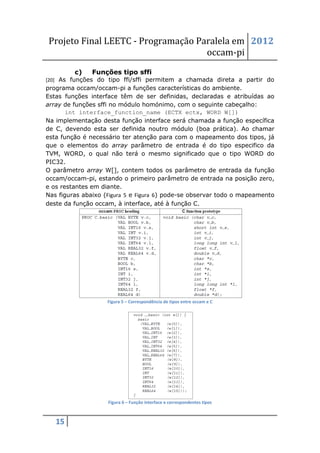 Projeto Final LEETC - Programação Paralela em 2012
                                    occam-pi
         c)    Funções tipo sffi
[20] As funções do tipo ffi/sffi permitem a chamada direta a partir do
programa occam/occam-pi a funções características do ambiente.
Estas funções interface têm de ser definidas, declaradas e atribuídas ao
array de funções sffi no módulo homónimo, com o seguinte cabeçalho:
       int interface_function_name (ECTX ectx, WORD W[])
Na implementação desta função interface será chamada a função específica
de C, devendo esta ser definida noutro módulo (boa prática). Ao chamar
esta função é necessário ter atenção para com o mapeamento dos tipos, já
que o elementos do array parâmetro de entrada é do tipo especifico da
TVM, WORD, o qual não terá o mesmo significado que o tipo WORD do
PIC32.
O parâmetro array W[], contem todos os parâmetro de entrada da função
occam/occam-pi, estando o primeiro parâmetro de entrada na posição zero,
e os restantes em diante.
Nas figuras abaixo (Figura 5 e Figura 6) pode-se observar todo o mapeamento
deste da função occam, à interface, até à função C.




                    Figura 5 – Correspondência de tipos entre occam e C




                    Figura 6 – Função interface e correspondentes tipos



   15
 