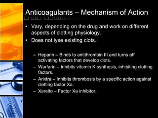 Anticoagulants – Mechanism of Action
• Vary, depending on the drug and work on different
aspects of clotting physiology.
• Does not lyse existing clots.
– Heparin – Binds to antithrombin III and turns off
activating factors that develop clots.
– Warfarin – Inhibits vitamin K synthesis, inhibiting clotting
factors.
– Arixtra – Inhibits thrombosis by a specific action against
clotting factor Xa.
– Xarelto – Factor Xa inhibitor.
 