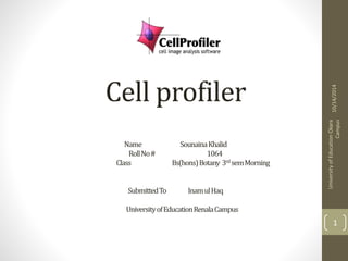 Cell profiler 
Name SounainaKhalid 
Roll No # 1064 
Class Bs(hons) Botany 3rd sem Morning 
Submitted To Inam ul Haq 
University of Education RenalaCampus 
10/14/2014 
University of Education Okara 
Campus 
1 
 
